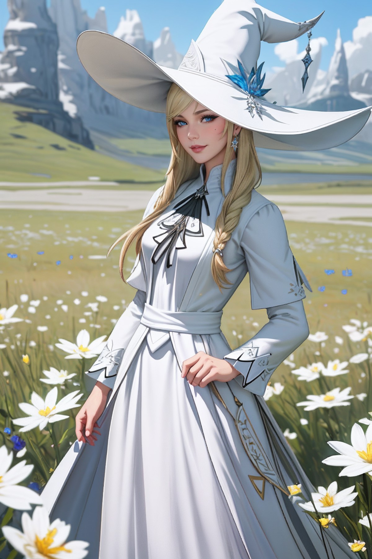 ((Masterpiece, best quality,edgQuality)),smug,smirk,blonde hair,
edgWHM, white mage robe, a woman in a white dress and hat...